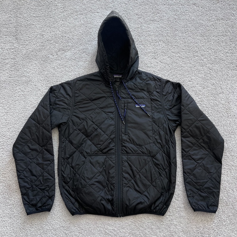 Patagonia Diamond Quilted Insulated Bomber Hooded Jacket Mens S Black Full Zip
